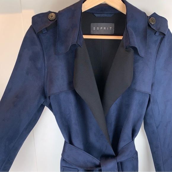 Esprit Midnight Blue Ultrasuede Belted Long Trench Military Coat sz XS - Picture 2 of 11
